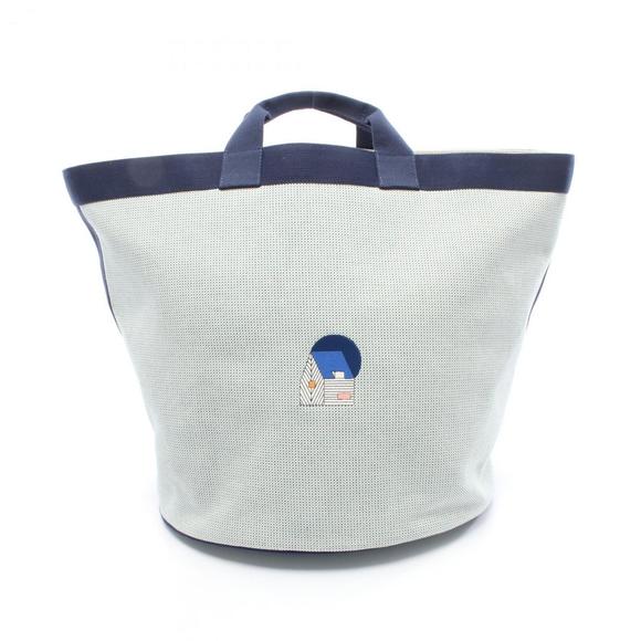 Hermes Hermès Basket Tote Bag, Canvas Toile H, Women's, Navy, Green, Beige - Picture 1 of 5